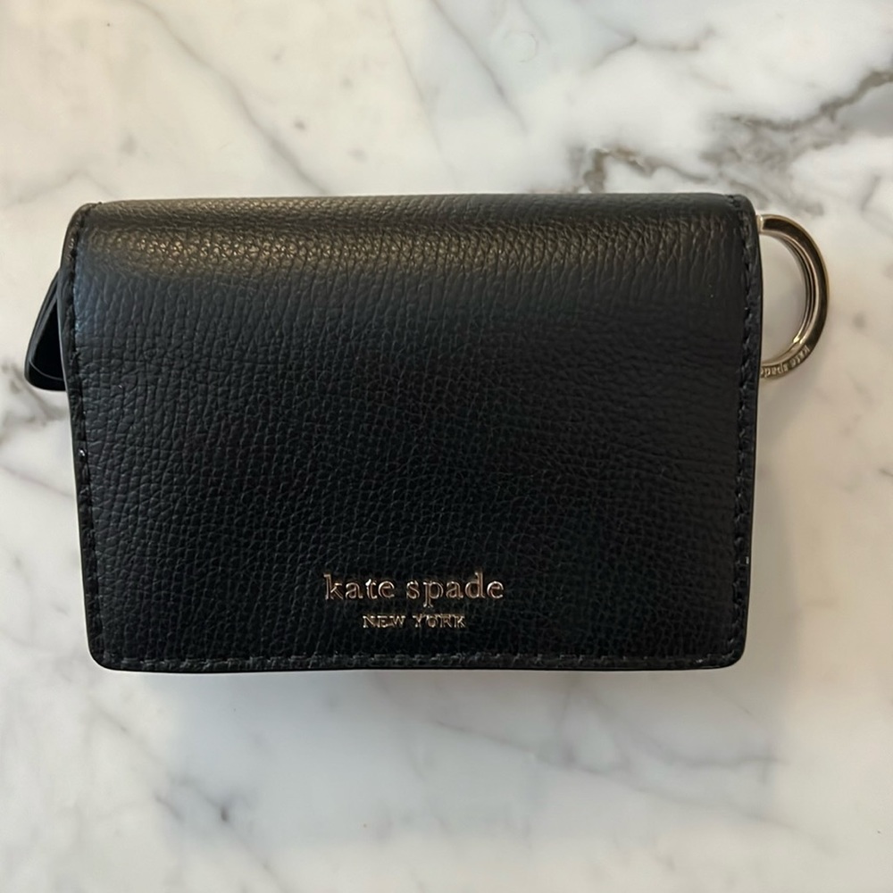 Kate spade sylvia mini keyring wallet like new black leather with pink interior